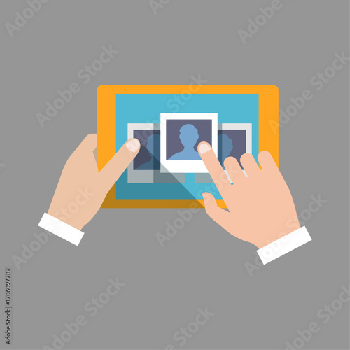 Person swiping through digital social profiles on a tablet for networking