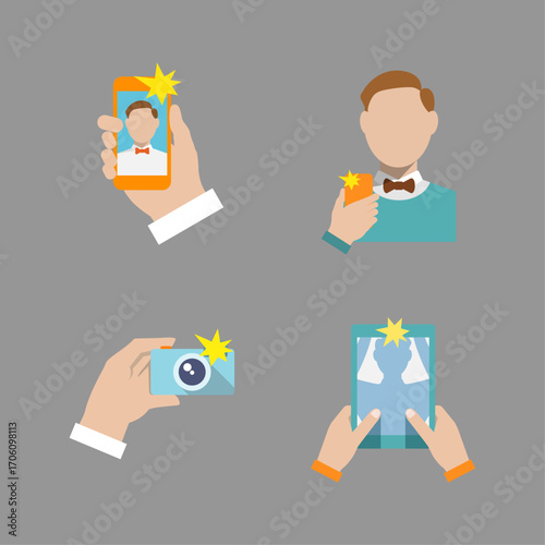 Vector icon set of people taking selfies with cameras and gadgets