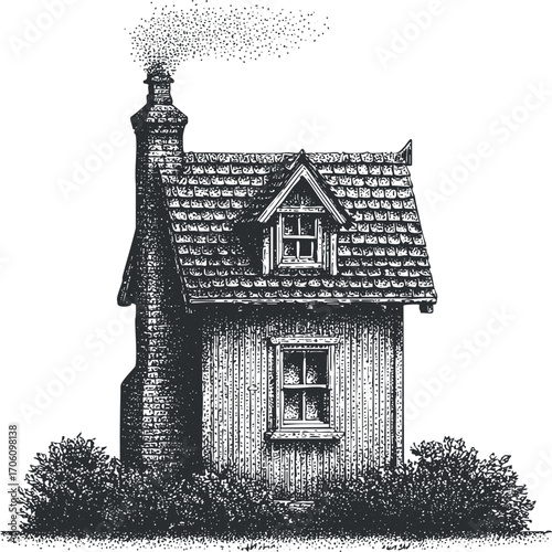 A detailed vintage illustration of a quaint house with a chimney and surrounding foliage.
