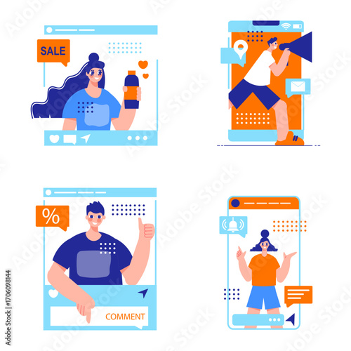 Set of vector concepts showing social media marketing and audience engagement