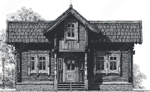 A detailed illustration of a vintage wooden house with a traditional design and charming features.