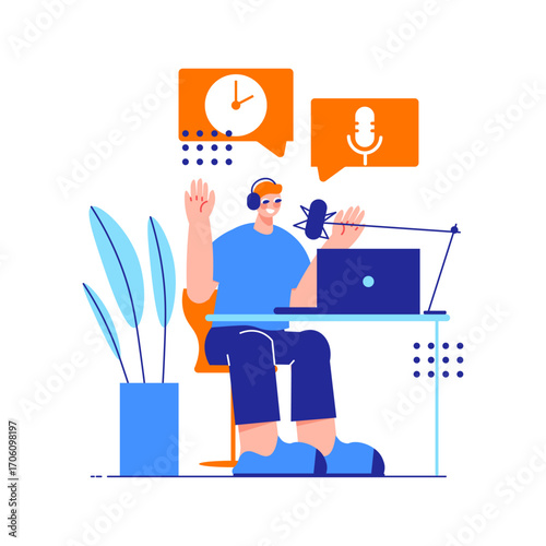 Vector illustration of a podcaster at his desk, concept of online streaming