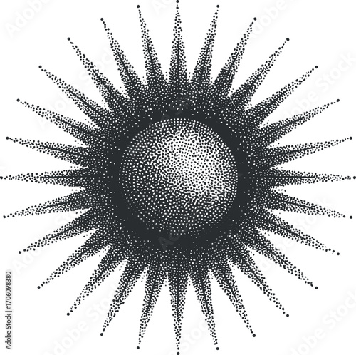 Stylized illustration of a sun with radiating rays and a central sphere in a dotted pattern