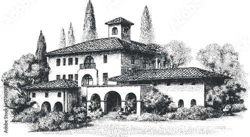 A vintage illustration of a charming Mediterranean villa surrounded by lush greenery and cypress trees.