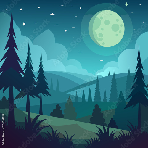 Nature vector illustration of a dark forest silhouette with a starry night sky and winter snow
