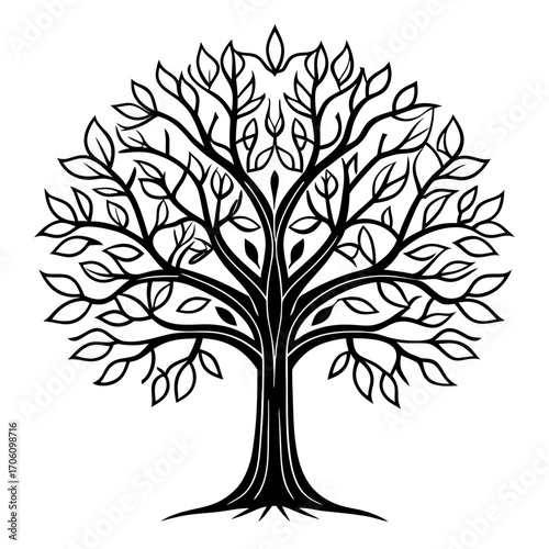 Vectorial design of a stylized black tree with branches, leaves, and roots, symbolizing nature's growth through the seasons