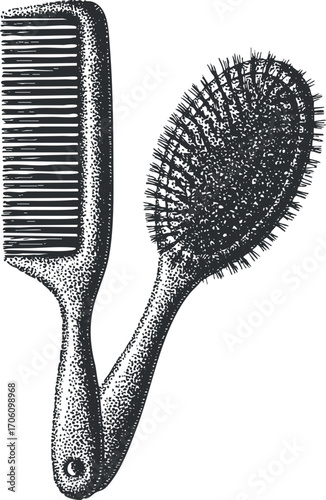 Vintage illustration of a hair comb and brush perfect for haircare and grooming uses.