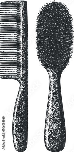 Two types of hair grooming tools including a fine comb and a round brush.