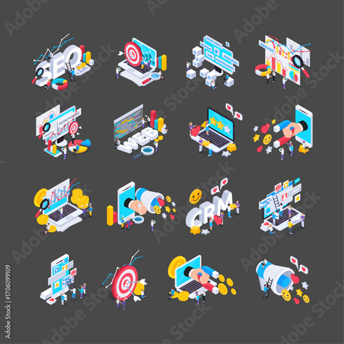 Digital Marketing Strategy Isometric Icons Set