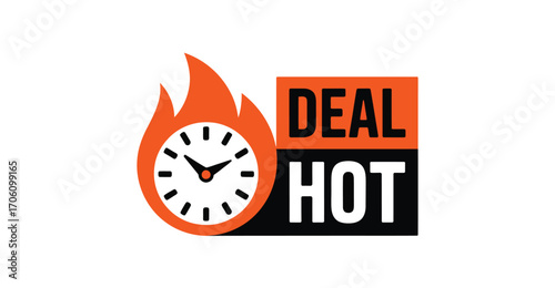 Clock icon inside flame with bold “HOT DEAL” text, symbolizing urgency, limited-time offer, flash sale, and time-sensitive promotion