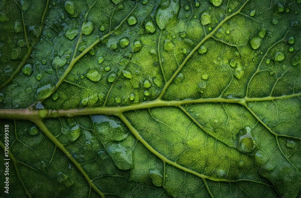 Fototapeta premium Close-up of a wet, bright green leaf showing intricate vein structure, covered in gleaming water droplets under moody, natural lighting