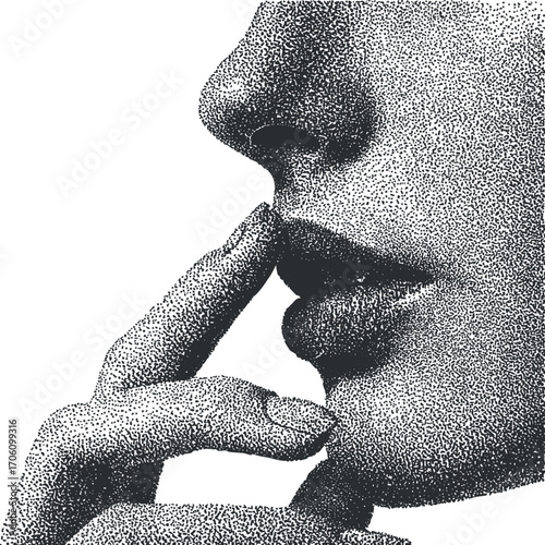 Stylized close-up of a woman's face with a finger touching her lips in black and white.