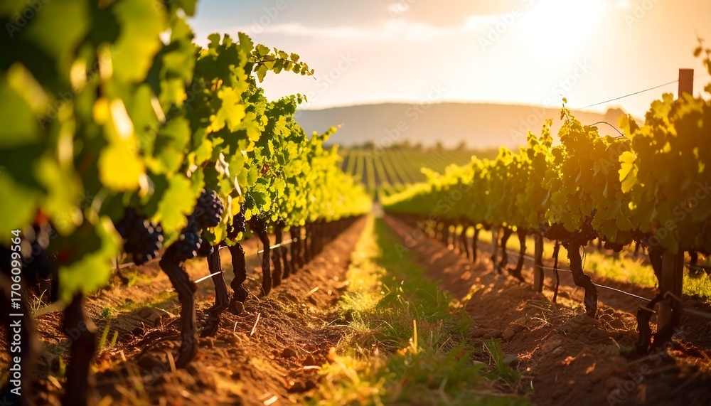 Fototapeta premium Lush vineyard rows bathed in golden sunset light