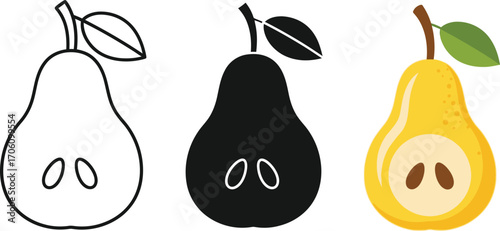 Pear Fruit Icons Set Outline, Silhouette, and Detailed with Seeds