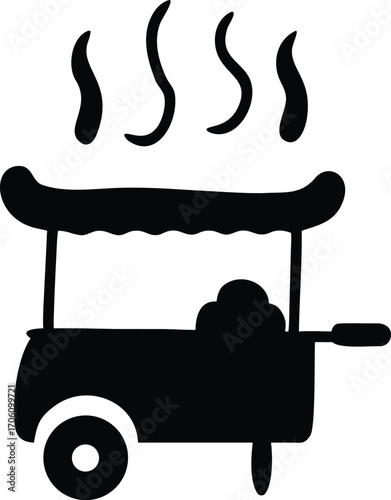 Black Silhouette Icon of a Hot Dog Cart with Steam Rising food cart street food