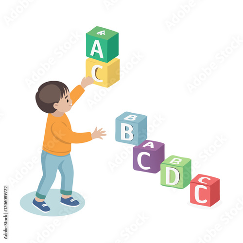 Vector illustration of child playing with alphabet blocks, flat clean design early childhood education concept
