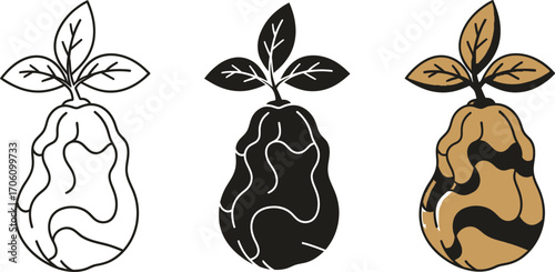 Pear Icon Set with Leaves Line Art, Black Silhouette, and Golden Color Design