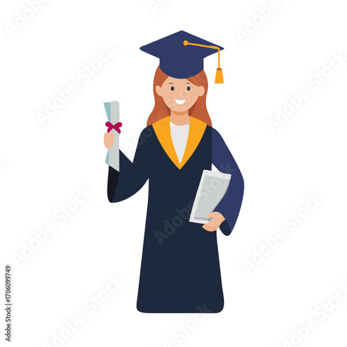 Vector illustration of female graduate holding diploma, flat clean design education and graduation ceremony concept
