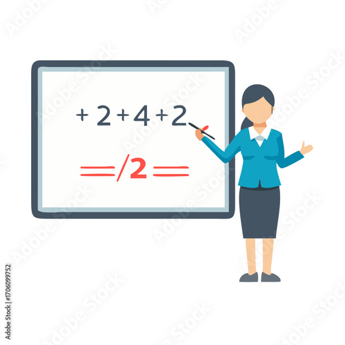 Vector illustration of teacher explaining math equation on board, flat clean design classroom education concept
