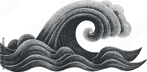 Stylized black and white illustration of ocean waves showcasing fluid motion and dynamic forms.