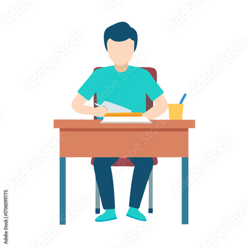 Vector illustration of boy writing exam at desk, flat clean design education and school test concept
