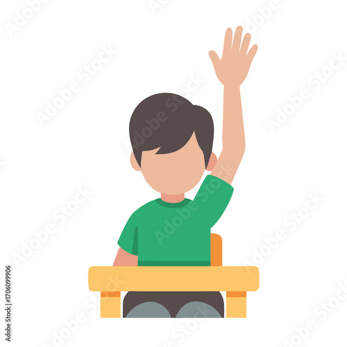 Vector illustration of boy raising hand in classroom, flat clean design school education and participation concept

