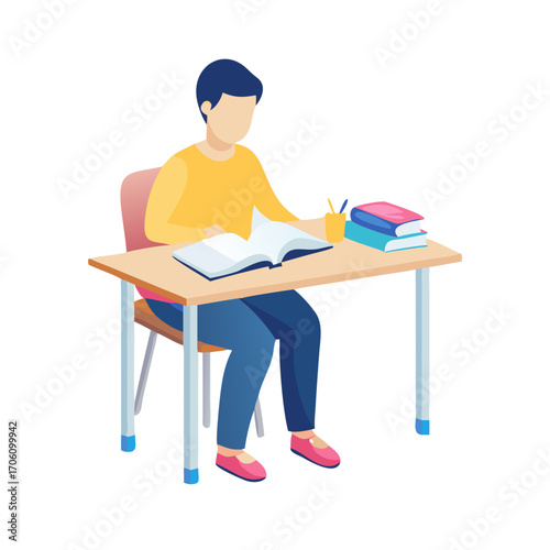 Vector illustration of student studying at desk with books, flat clean design school and education learning concept
