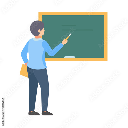 Vector illustration of teacher explaining lesson on blackboard, flat clean design classroom education concept
