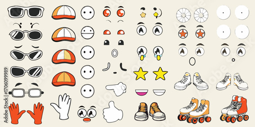 Collection of cartoon elements for character creation including sunglasses hats eyes mouths hands shoes and roller skates