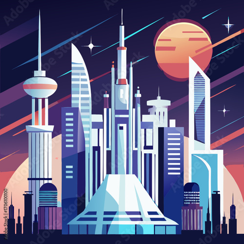 An architectural vector illustration of a city silhouette with a skyscraper, residential buildings, and a tower on the downtown horizon at night