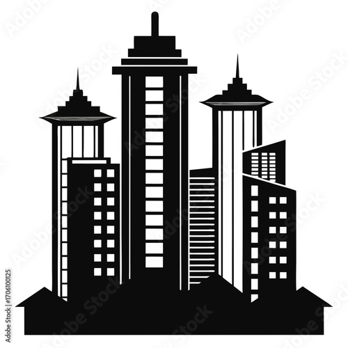 La conception d'une silhouette de gratte-ciel noir et blanc pour une icône de ville et de bureau