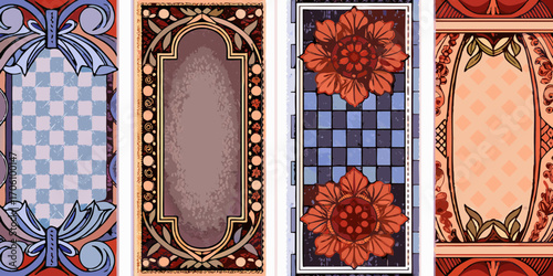 Four vertical decorative panels with floral and geometric art nouveau inspired designs