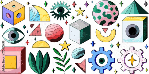 Whimsical collection of abstract geometric shapes celestial bodies eyes and botanical elements with a retro aesthetic
