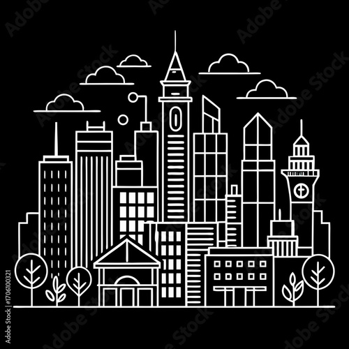 La conception colorée d'un bâtiment de ville de dessin animé, d'une maison et d'un bureau, avec des arbres et des voitures, est une illustration de l'architecture urbaine