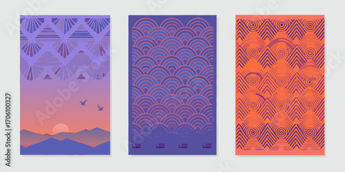 Three abstract vertical panels featuring geometric patterns and a sunset landscape with birds