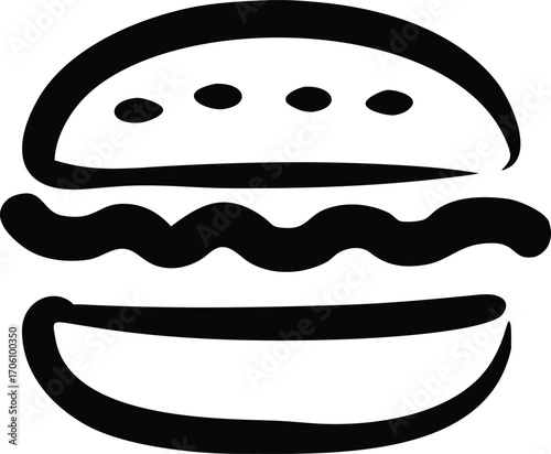 Black Outline Drawing Of A Hamburger With A Bun And Patty On A White Background food fast food