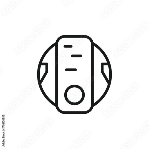 The image is a simple blackandwhite line drawing of a digital device within a circle featuring a button and short lines