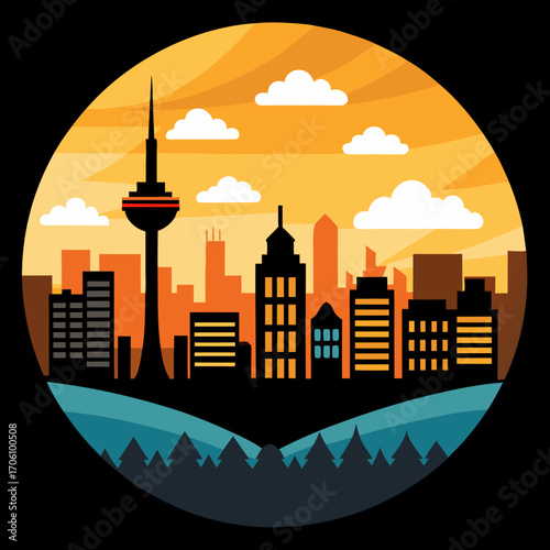 Un gratte-ciel de la ville avec une conception d'architecture de silhouette de nuit au centre-ville, illustration du paysage urbain en distance