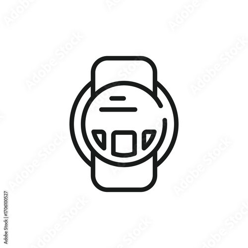 The image shows a blackandwhite icon of a smartwatch with simple geometric shapes on its screen placed on a wristband