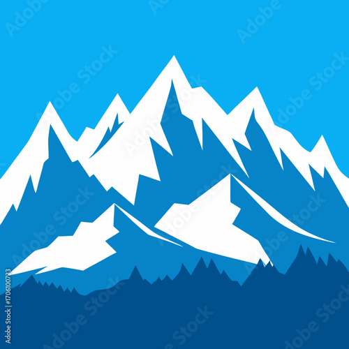 Paysage de montagnes enneigées sous un ciel bleu, une illustration hivernale avec des forêts de pins et des arbres gelés