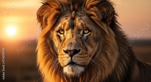 Majestic lion king, intense gaze, golden hour backdrop.