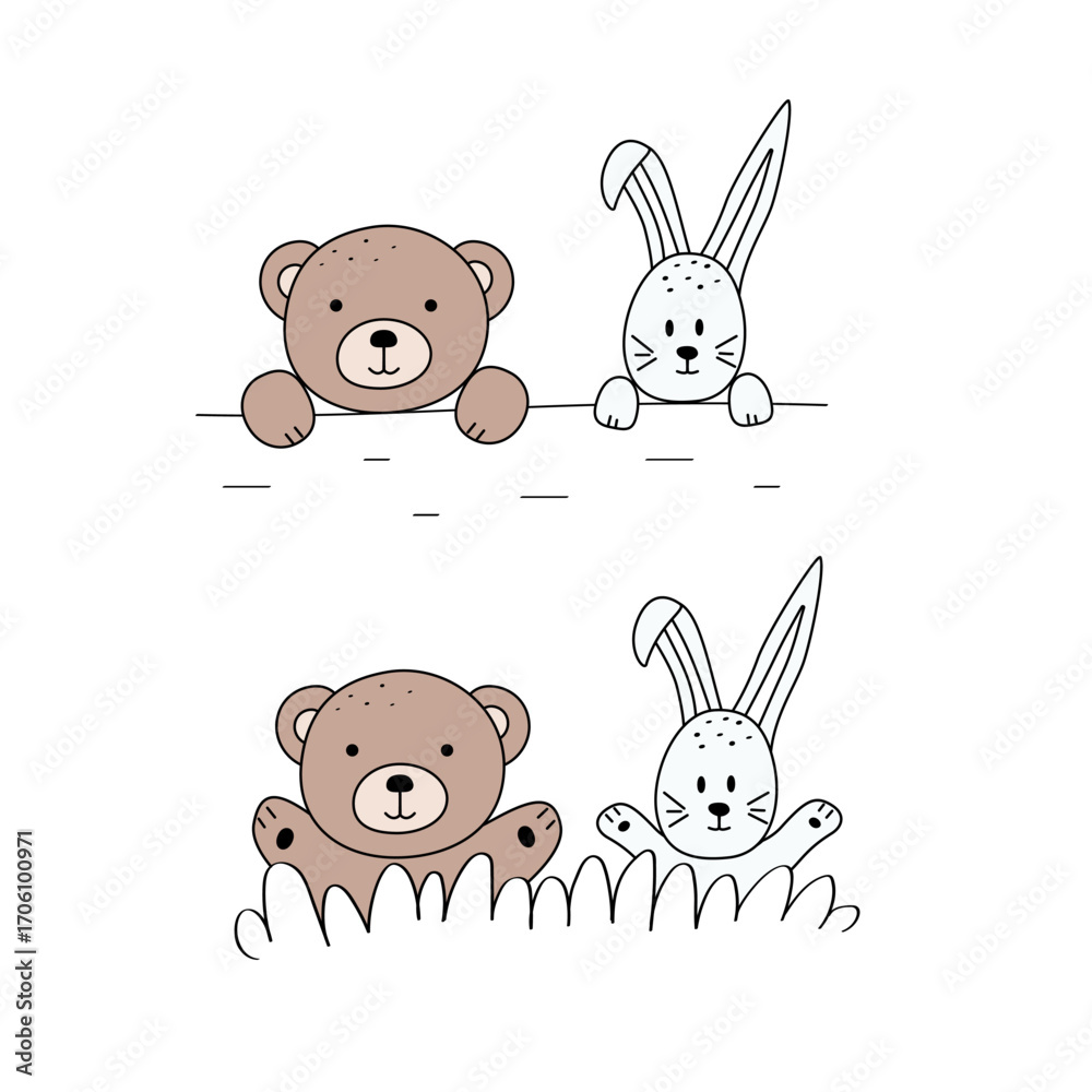 Fototapeta premium Cute cartoon teddy bear and bunny handdrawn. Vector illustration trend design for t shirt printing, graphic design, kids wear, girls clothes, poster