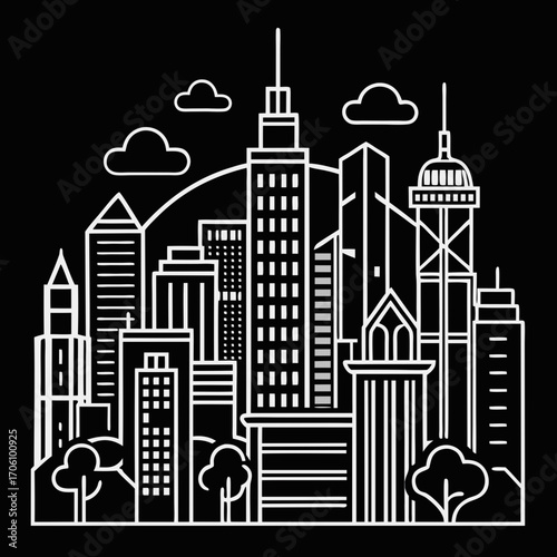 Vector silhouette de ville avec des bâtiments, des maisons et des gratte-ciel sur l'horizon, une illustration de l'architecture urbaine avec une conception de rue