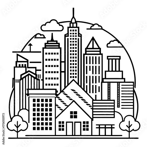 Ville de bâtiment de rue de dessin animé urbain avec un vieux toit de tour