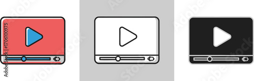 Play Button Icon Set Red Blue Black White Transparent Background, Media Player