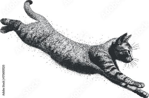 A detailed illustration of a cat leaping gracefully through the air in a playful pose.