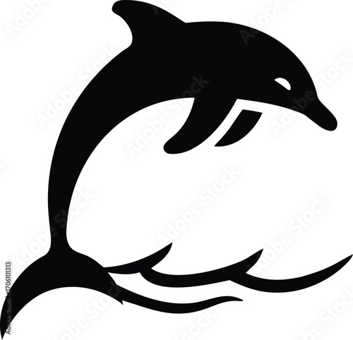Black silhouette of a dolphin leaping out of stylized waves on a white background jumping ocean