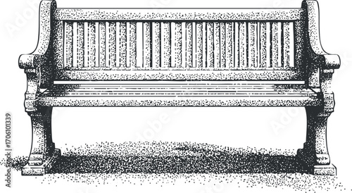A detailed black and white illustration of a classic wooden bench suitable for outdoor settings.