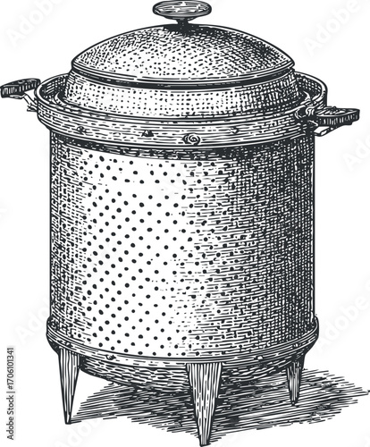 Vintage metal cooking container with dotted design and lid, ideal for preserving food.