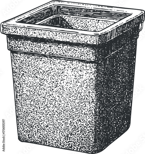 A detailed illustration of a square plastic trash bin suitable for various uses.